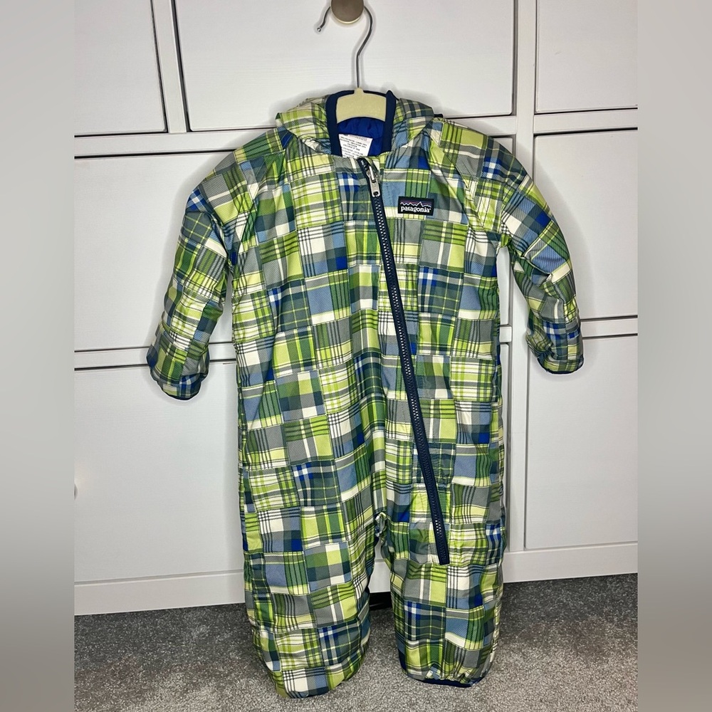 Patagonia Baby Boy Reversible Bunting Suit Plaid/Blue 3 Months
